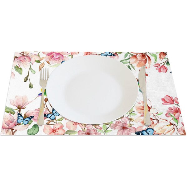 Aperturee Pink Floral Butterflies Spring Set of 4 Placemats, 14x12 Inch, 15.8 USD, placemats, CDJY00143-S