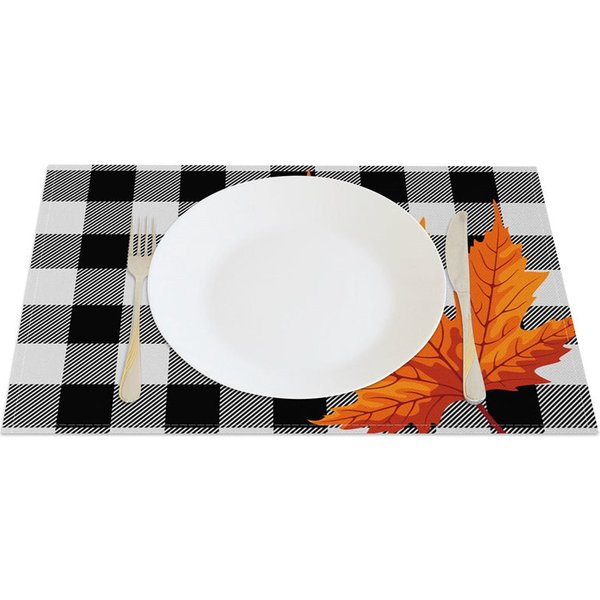 Aperturee Black and Gray Grid with Maple Leaves Set of 4 Placemats, for Modern and Moody Fall and Autumn Decor, 14x12in (WxH)