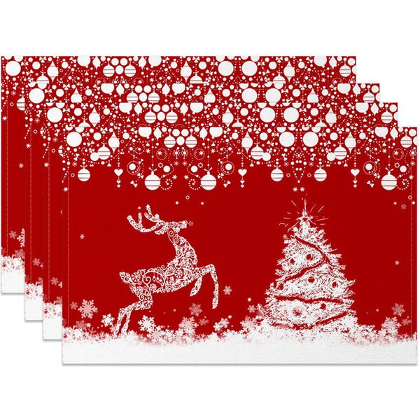 Aperturee Red Christmas Set of 4 Placemats, White Lace Reindeer Xmas Tree, Winter Holiday Table Mats Decor