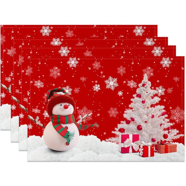 Aperturee Christmas Snowman Set of 4 Placemats, Red Snowflake with White Xmas Tree, Winter Holiday Table Mats Decor