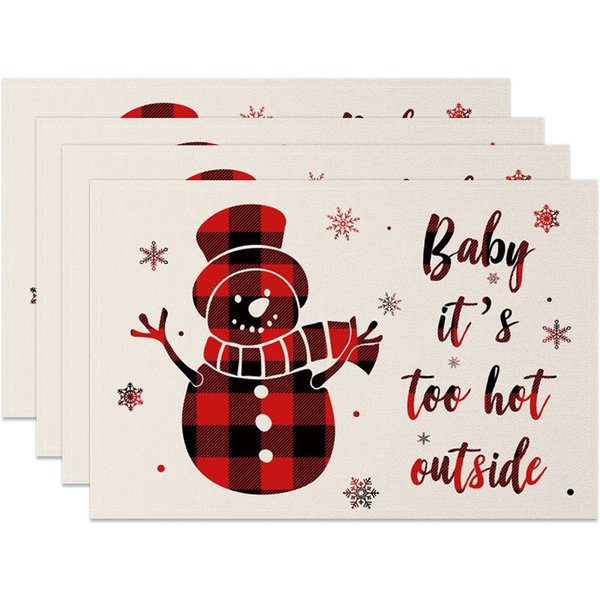 Aperturee Christmas Set of 4 Placemats, Baby It's Cold Outside Snowman, Red Buffalo Plaid Check Table Mats