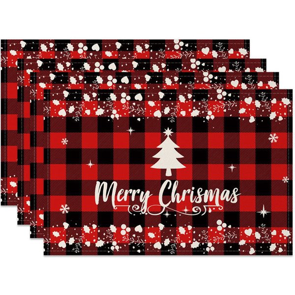 Aperturee Christmas Set of 4 Placemats, Red Buffalo Plaid with White Tree, Merry Christmas Farmhouse Table Mats