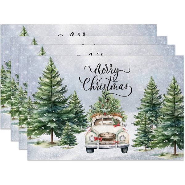 Aperturee Christmas Set of 4 Placemats, Vintage White Truck with Tree, Snowy Pine Forest Watercolor Table Mats
