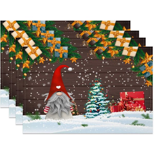 Aperturee Christmas Gnome Set of 4 Placemats, Rustic Wood Wall with Snow, Holiday Table Mats Decor