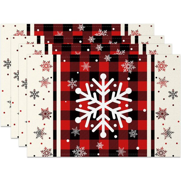 Aperturee Christmas Snowflake Set of 4 Placemats, Red Buffalo Plaid, Farmhouse Winter Holiday Table Mats