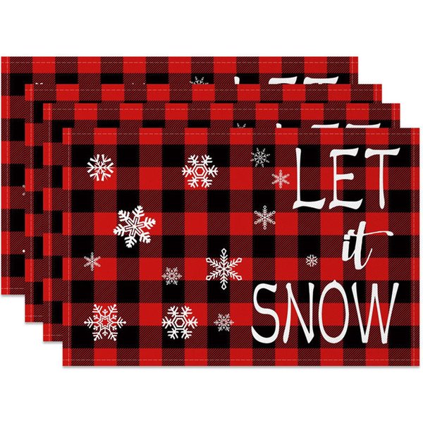 Aperturee Christmas Set of 4 Placemats, Let It Snow Text, Red Buffalo Plaid Check Farmhouse Table Mats