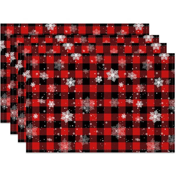 Aperturee Christmas Set of 4 Placemats, Red Buffalo Plaid with Snowflakes, Rustic Farmhouse Winter Table Mats