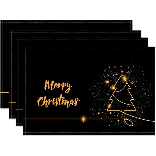 Aperturee Modern Christmas Set of 4 Placemats, Black and Gold Sparkling Tree, Elegant Holiday Table Mats Decor