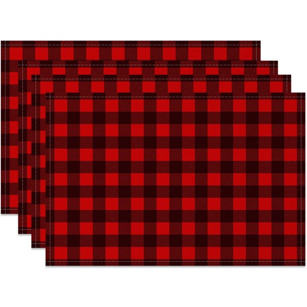Aperturee Red Buffalo Plaid Set of 4 Placemats, Classic Farmhouse Check, Rustic Holiday Christmas Table Mats