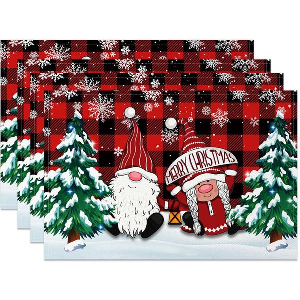 Aperturee Christmas Gnomes Set of 4 Placemats, Red Buffalo Plaid, Snowy Trees Farmhouse Holiday Table Mats