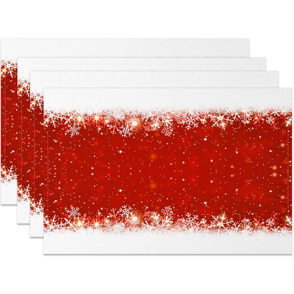 Aperturee Christmas Snowflake Set of 4 Placemats, Red Sparkle Center with White Border, Holiday Table Mats