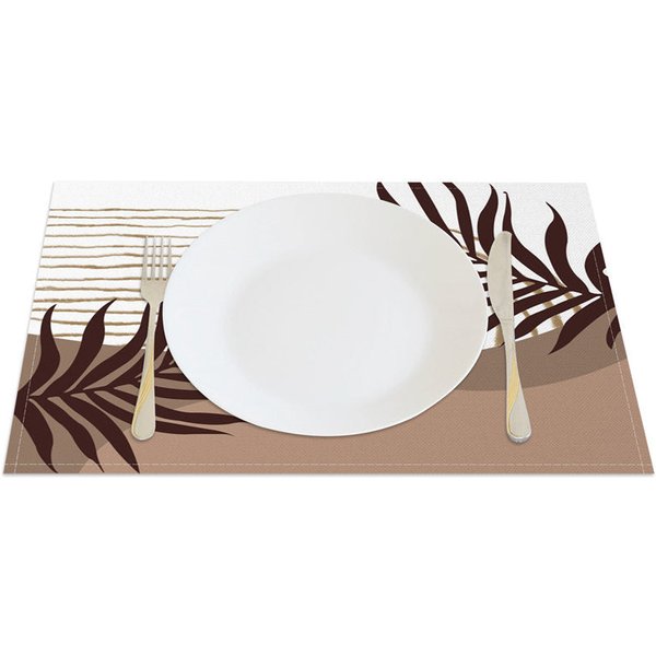 Aperturee Modern White and Brown Leaf Stripe Set of 4 Placemats, for Botanical and Farmhouse Kitchen Dining Decor, 14x12in (WxH)
