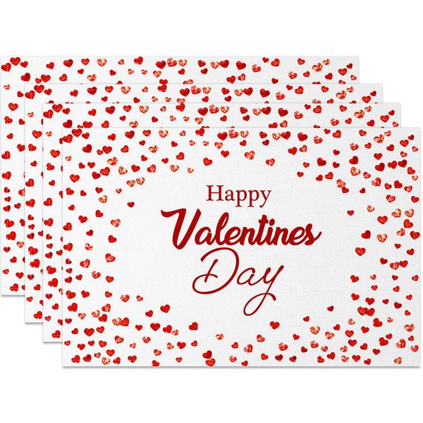 Aperturee Happy Valentines Day Set of 4 Placemats, Scattered Red Glitter Hearts Table Mats for Romantic Holiday Party Studio