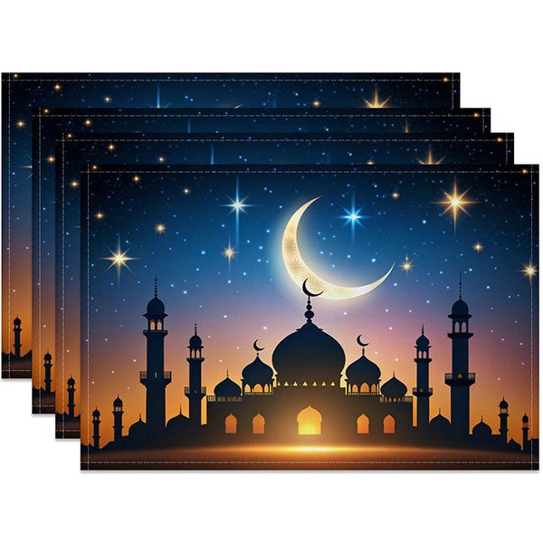 Aperturee Starry Night Ramadan Mosque Set of 4 Placemats, Glowing Moon and Stars Eid Mubarak Dining Table Mats for Home Pro
