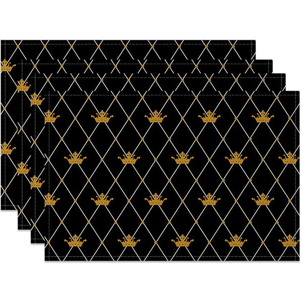 Aperturee Black and Gold Crown Placemats Set of 4, Elegant Repeating Pattern for Royal Themed Party and Events, 14x12in (WxH), 15.8 USD, placemats,
