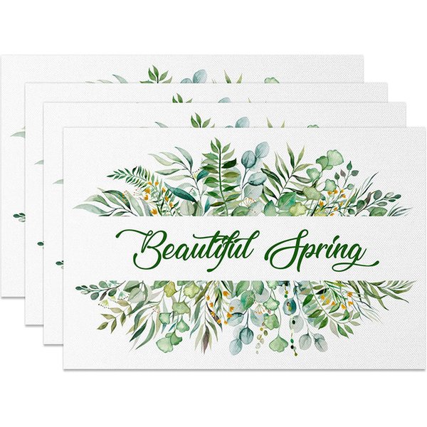 Aperturee Beautiful Spring Leaves Set of 4 Placemats, Greenery and Floral Wreath Dining Table Mats for Home Decor Pro