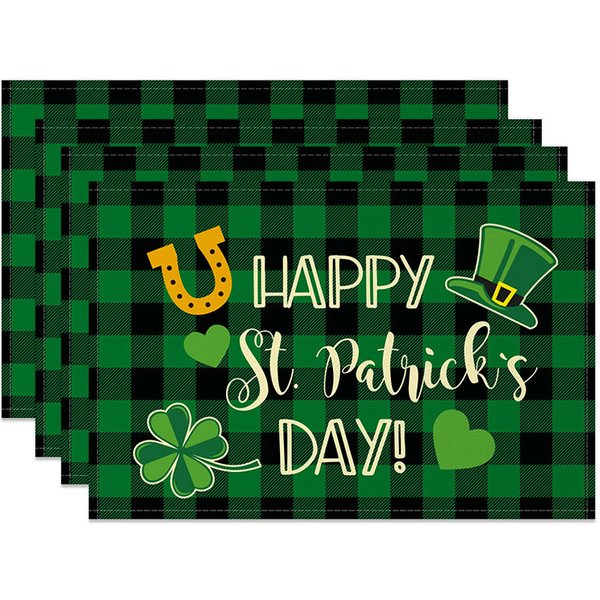 Aperturee Happy St. Patricks Day Set of 4 Placemats, Leprechaun Hat and Shamrock Green Buffalo Plaid Table Mats Studio