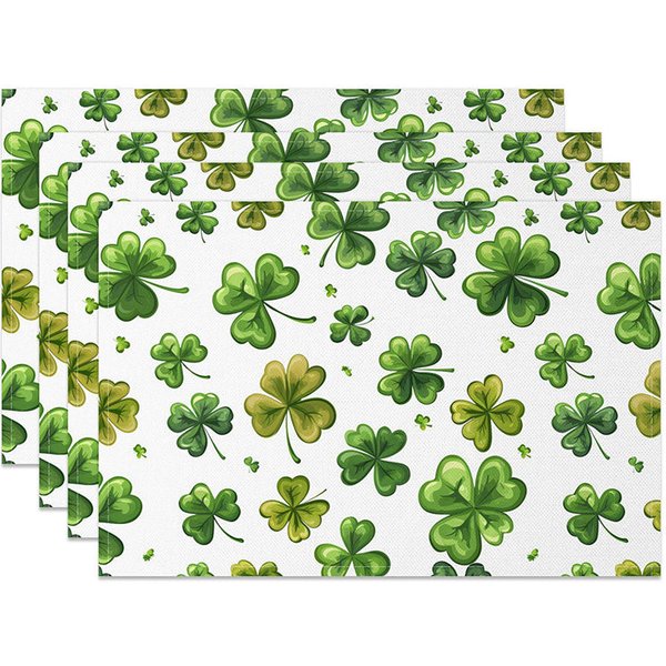 Aperturee Watercolor Green Clover Set of 4 Placemats, St. Patricks Day Scattered Shamrocks Dining Table Mats Pro