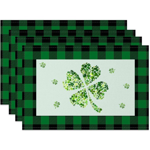 Aperturee Shamrock Collage Plaid Set of 4 Placemats, St. Patricks Day Green Buffalo Check Table Mats Studio