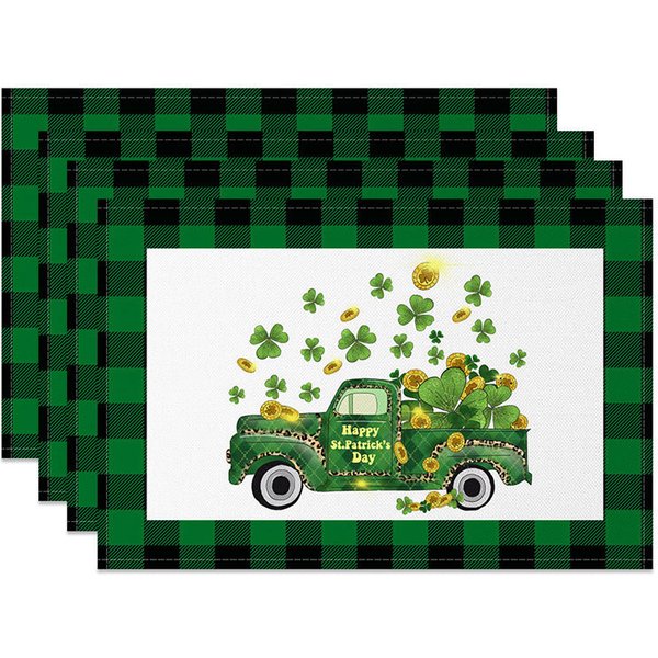 Aperturee St. Patricks Day Lucky Green Truck Set of 4 Placemats, Shamrock and Gold Coins Buffalo Plaid Table Mats Studio