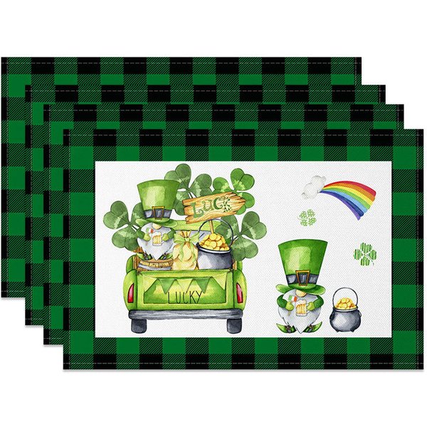 Aperturee St. Patricks Day Lucky Gnomes Set of 4 Placemats, Watercolor Leprechaun and Rainbow Plaid Table Mats Pro
