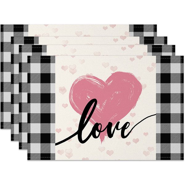 Aperturee Valentine's Day Pink Heart and Love Set of 4 Placemats, Black and White Buffalo Plaid Table Decor