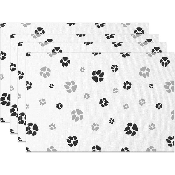 Aperturee White Black Grey Pet Paw Print Set of 4 Placemats, 14x12 Inch, 15.8 USD, placemats, CDJY00618-S