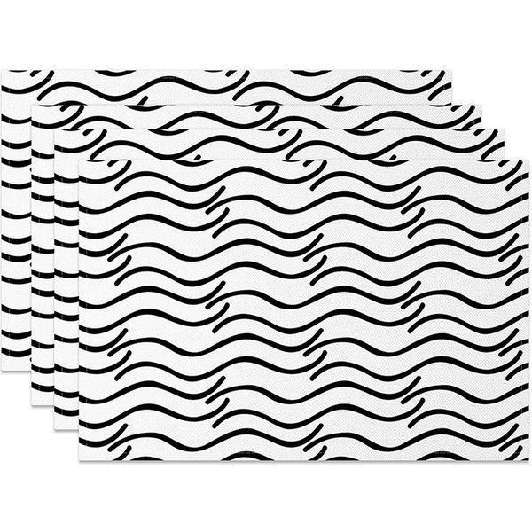 Aperturee Abstract Black and White Water Ripples Set of 4 Placemats, Modern Zen Inspired Design for Dining Table, 14x12in (WxH)