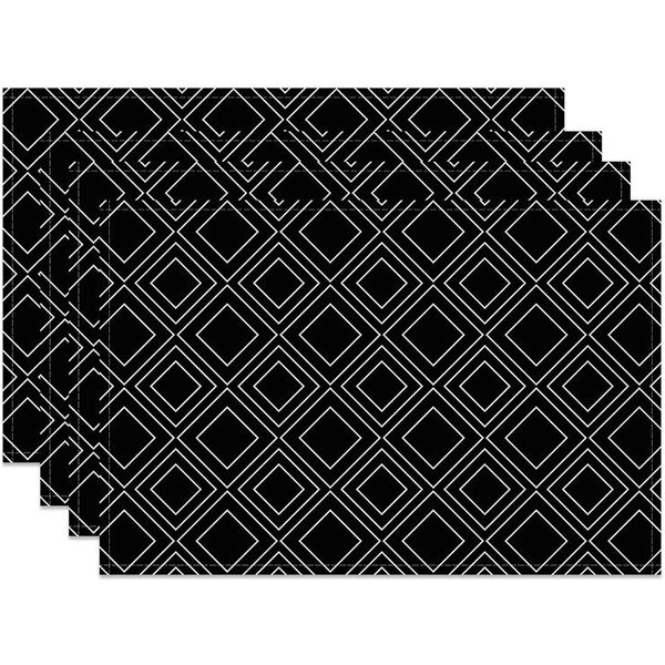 Aperturee Modern Black Square Lines Pattern Set of 4 Placemats, Geometric Grid Design for Contemporary Decor, 14x12in (WxH)