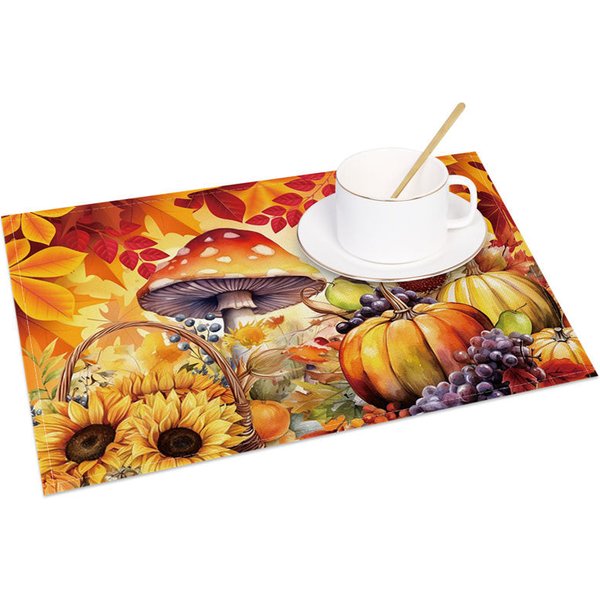 Aperturee Autumn Harvest Set of 4 Placemats with Mushroom, Sunflower, and Pumpkin, for Fall and Thanksgiving, 14x12in (WxH)