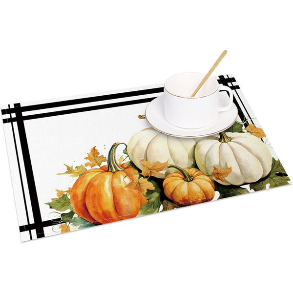 Aperturee White and Orange Pumpkin with Greenery Set of 4 Placemats, for Modern Fall and Thanksgiving Decor, 14x12in (WxH)