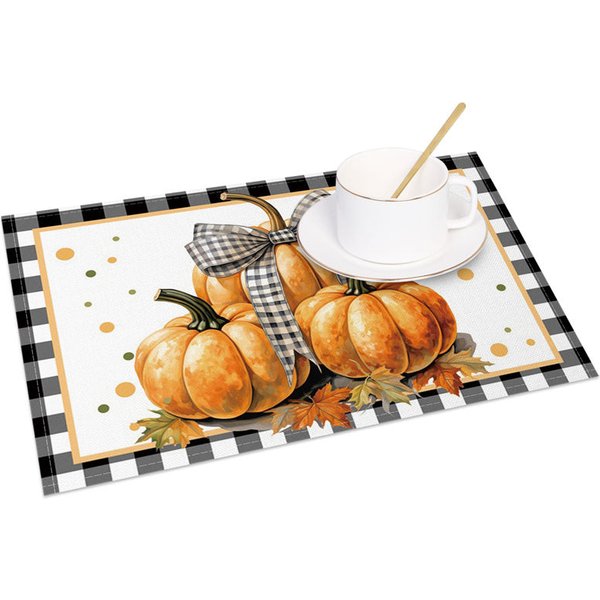 Aperturee Black and White Plaid Pumpkin with Bow Set of 4 Placemats, for Farmhouse Fall and Thanksgiving Decor, 14x12in (WxH)