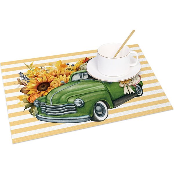 Aperturee Yellow Stripe Truck with Pumpkins Set of 4 Placemats, for Fall Farmhouse and Autumn Harvest Decor, 14x12in (WxH)