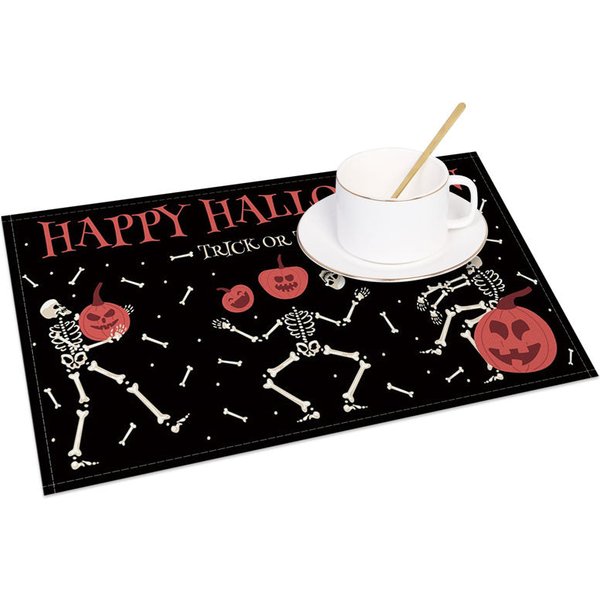 Aperturee Black, White, and Red Skeletons with Pumpkins Set of 4 Placemats, for Spooky Halloween Party Decor, 14x12in (WxH)