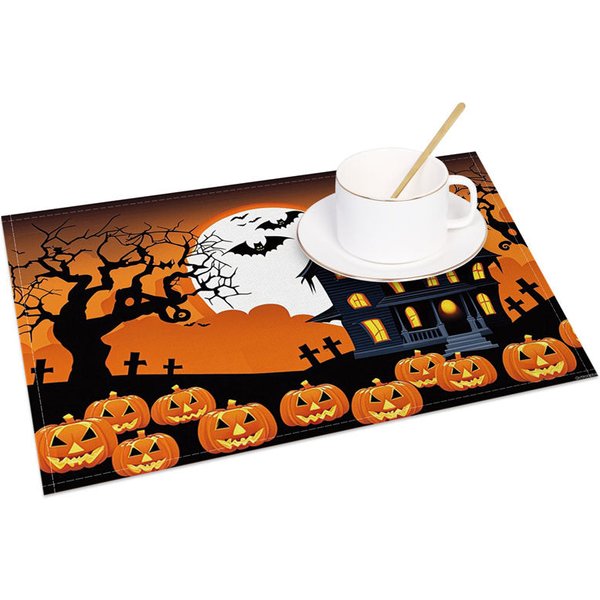 Aperturee Black and Orange Halloween Set of 4 Placemats with Bat and Haunted Castle, for Spooky Holiday Decor, 14x12in (WxH)