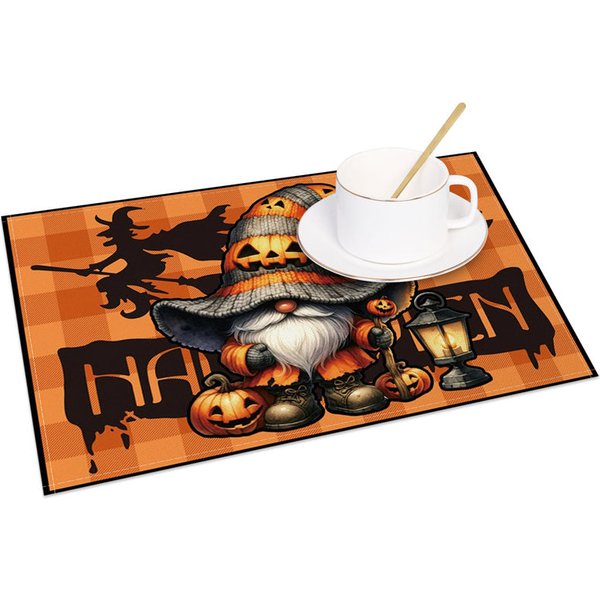 Aperturee Orange Halloween Gnome Set of 4 Placemats with Witch Silhouette, for Fun and Spooky Holiday Decor, 14x12in (WxH)
