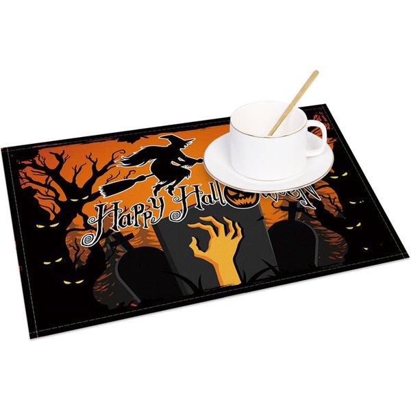 Aperturee Orange and Black Witch and Bats Halloween Set of 4 Placemats, for Spooky Holiday Party Decorations, 14x12in (WxH)
