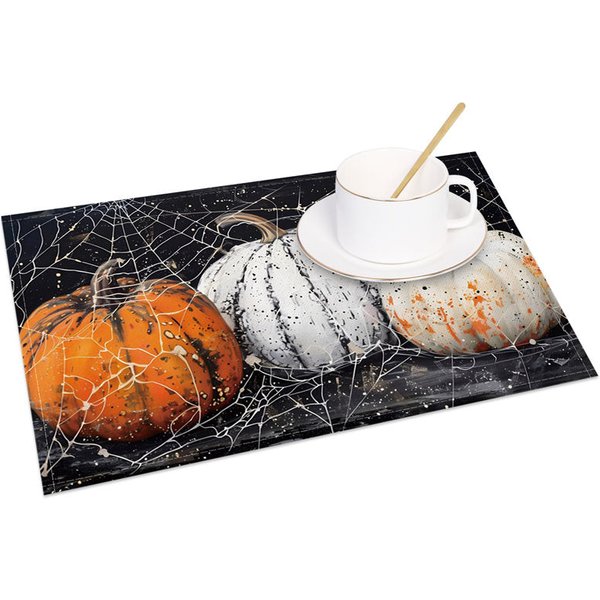 Aperturee Spooky Black Pumpkin and Spiderweb Halloween Set of 4 Placemats, for Gothic and Haunted House Decor, 14x12in (WxH)