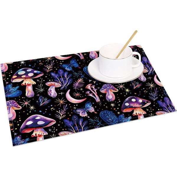 Aperturee Whimsical Purple and Pink Mushroom and Star Set of 4 Placemats, for Magical and Fantasy Themed Decor, 14x12in (WxH)