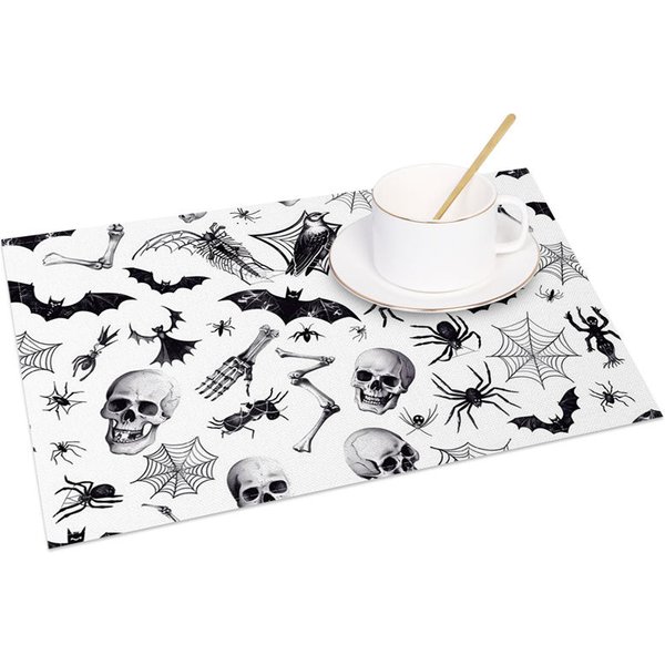 Aperturee White Halloween Set of 4 Placemats with Bats, Spiders, and Skeletons, for Modern Spooky Decor, 14x12in (WxH)