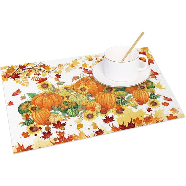 Aperturee Autumn Pumpkin, Maple Leaf, and Sunflower Set of 4 Placemats, for Fall Harvest and Thanksgiving, 14x12in (WxH)