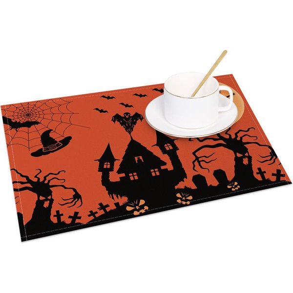 Aperturee Orange Halloween Set of 4 Placemats with Spiderweb, Witch, and Graveyard, for Spooky Party Decor, 14x12in (WxH)