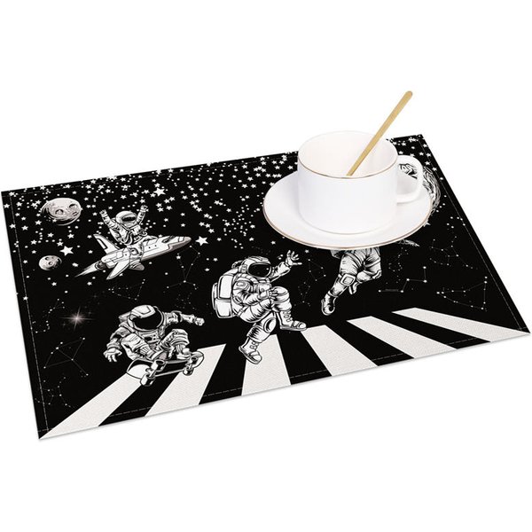 Aperturee Black and White Set of 4 Placemats with Astronaut and Piano Keys, for Music and Space Themed Decor, 14x12in (WxH)