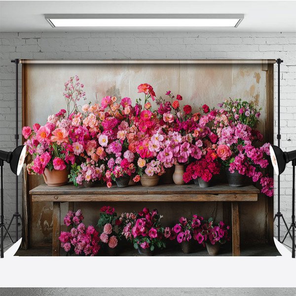 Aperturee Rural Wall Bright Pink Flower Pots Photo Backdrop, 3X2FT(1MX0.6M), 14 USD, spring backdrops, DCHD1K09-M