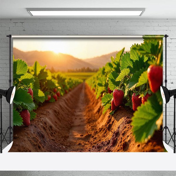 Aperturee Strawberry Orchard Sunset Sweet Warm Winter Backdrop, 3X2FT(1MX0.6M), 14 USD, natural scenery backdrops, DCHD1L46-M