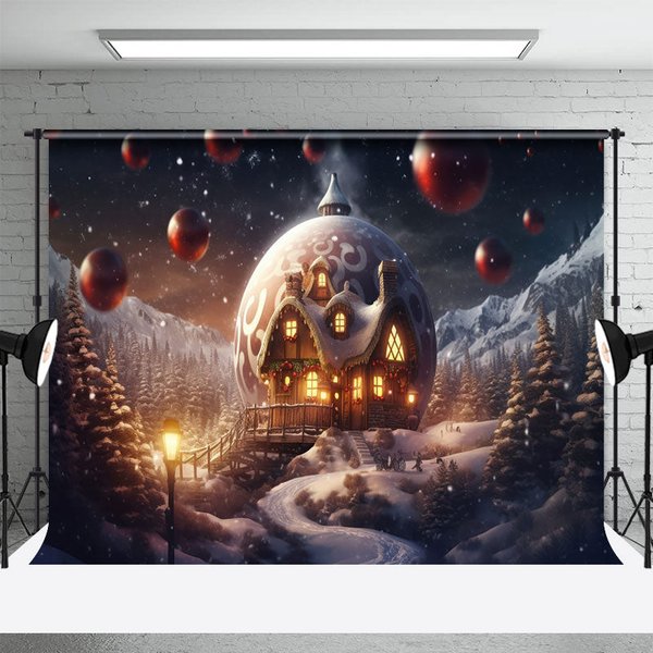 Aperturee Fantasy Christmas Backdrop, Giant Ornament House in Snow, Magical Winter Forest Holiday Photography Props