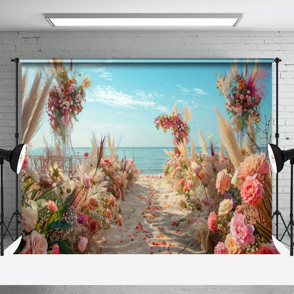 Aperturee Floral Sandy Beach Blue Sky Summer Wedding Backdrop, 3X2FT(1MX0.6M), 14 USD, wedding backdrops, DCHD5K88-M