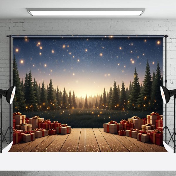 Aperturee Christmas Night Backdrop Wooden Stage Forest Photography Background Glowing Lights Gift Boxes Holiday Party Decoration