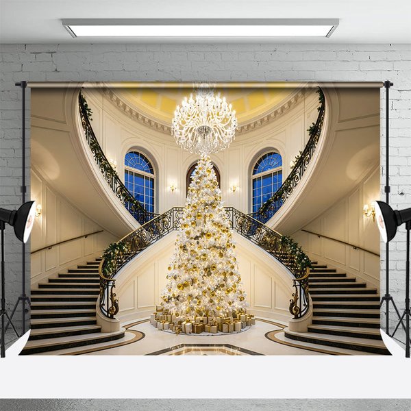 Aperturee Luxury Christmas Backdrop Grand Staircase White Tree Photography Background Mansion Interior Holiday Party Decoration