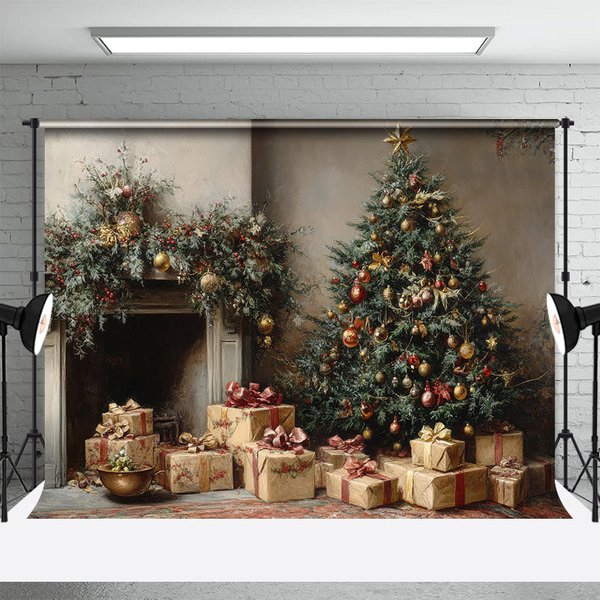 Aperturee Vintage Oil Painting Christmas Backdrop Classic Tree Gift Box Background Antique Fireplace Holiday Portrait Prop